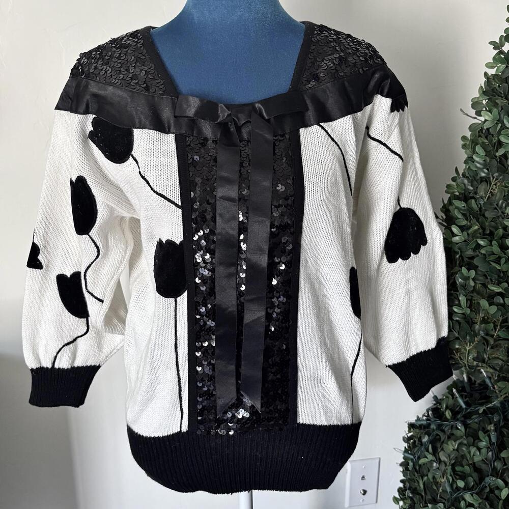 Vintage Cotton Sequined Velvet Satin Tulip Sweater White S